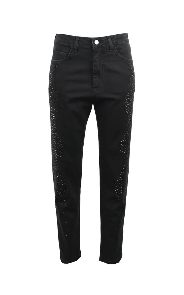 Black women's jeans with sparkling rhinestone side details, fashion-forward look