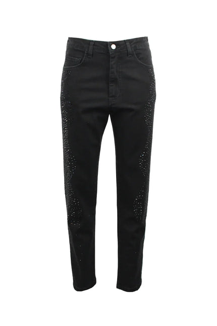 BLACK DENIM WITH STRAIGHT LEG AND RHINESTONE POCKETS