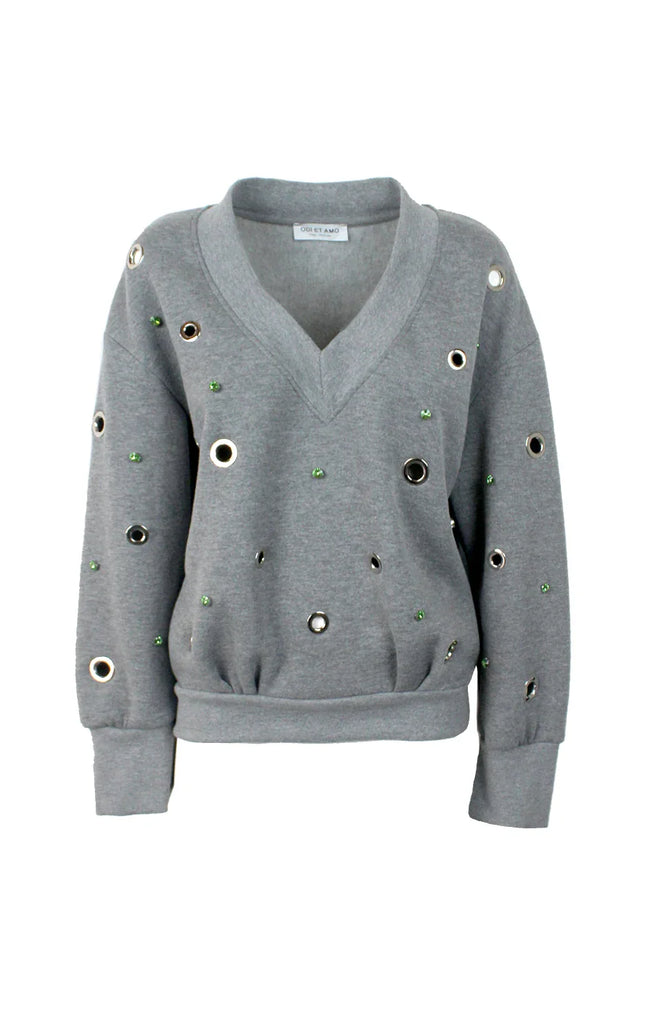 Grey V-neck sweatshirt with metallic eyelets and green stud details, front view