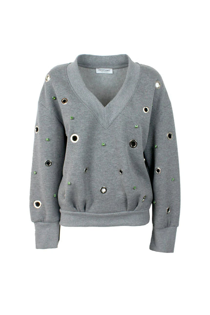 V-NECK SWEATSHIRT WITH COLORFUL RHINESTONE EYELETS STUDS