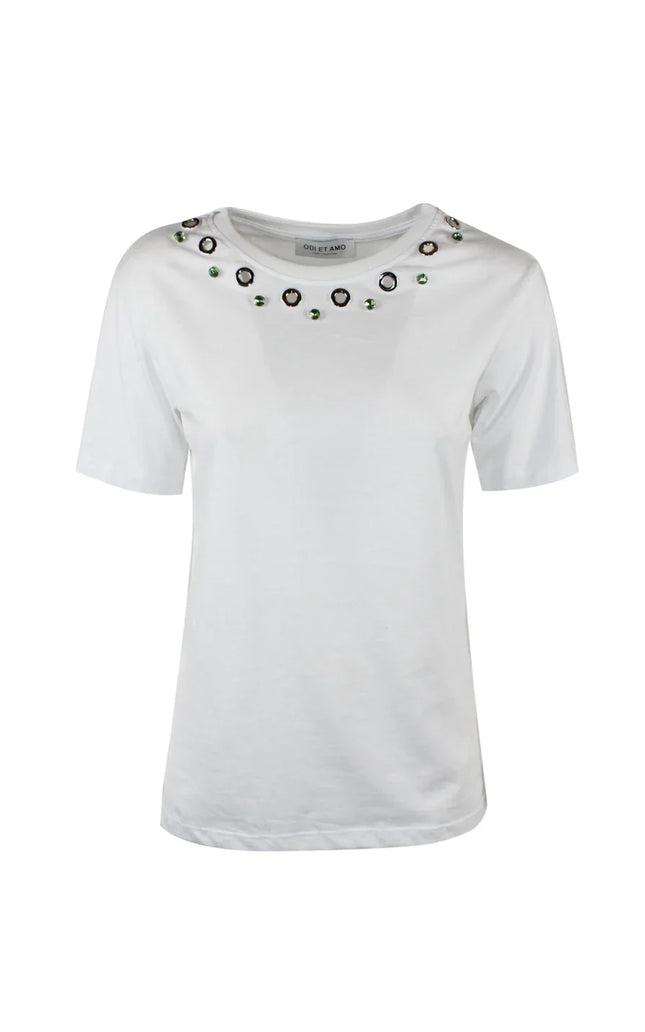White women's t-shirt with gemstone embellishments around the neckline