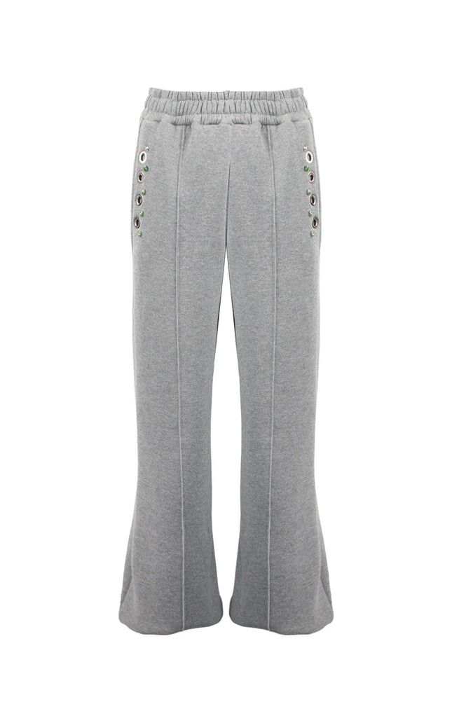 Grey flared sweatpants with eyelet details and elastic waistband, women's fashion