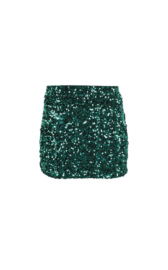 Green sequin mini skirt with glitter details, women's fashion, front view on white background