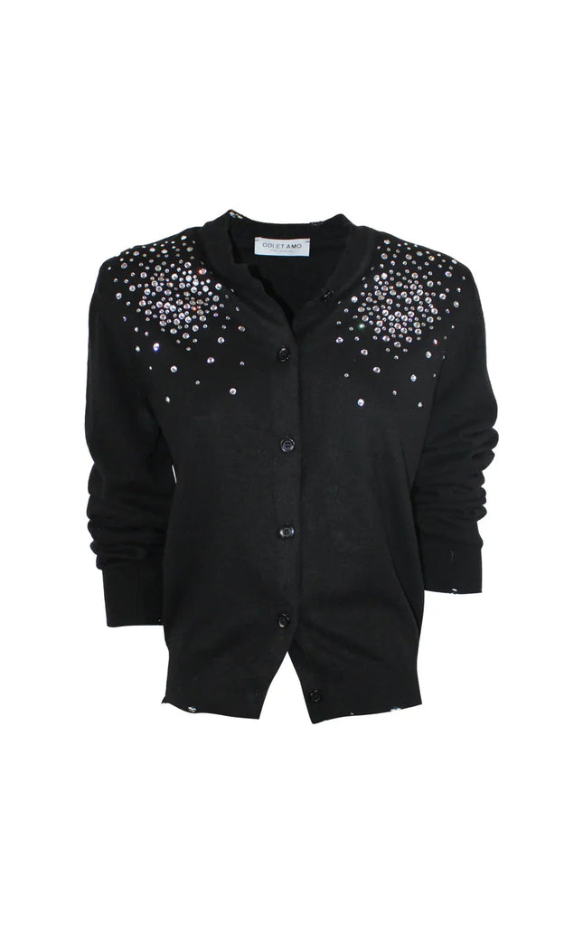 Black women's cardigan with sparkling rhinestone embellishments on the shoulders
