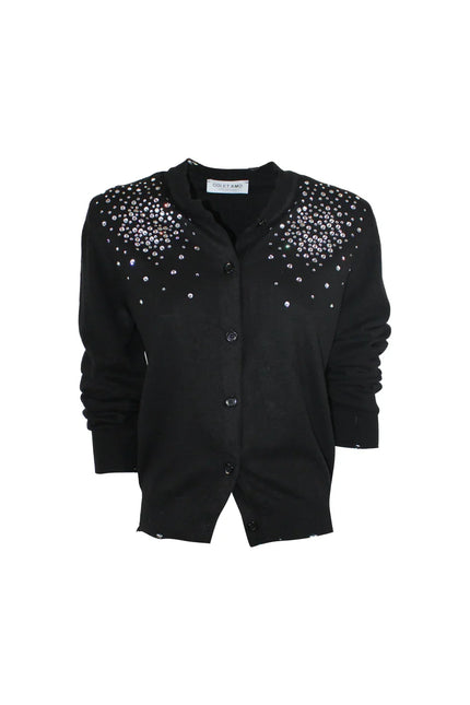 Black women's cardigan with sparkling rhinestone embellishments on the shoulders