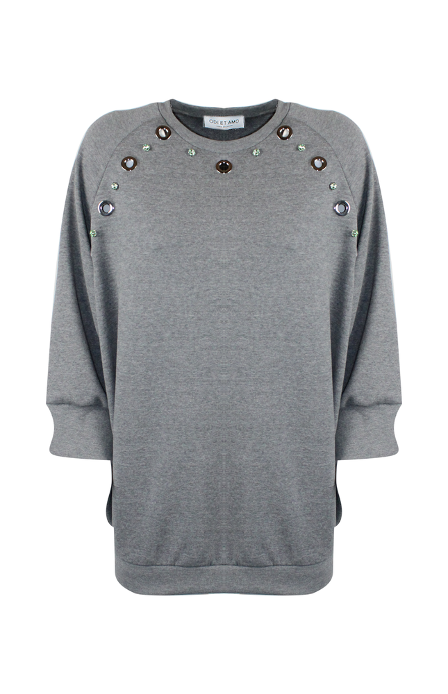 3/4-SLEEVE SWEATSHIRT DRESS WITH RHINESTONE STUDS