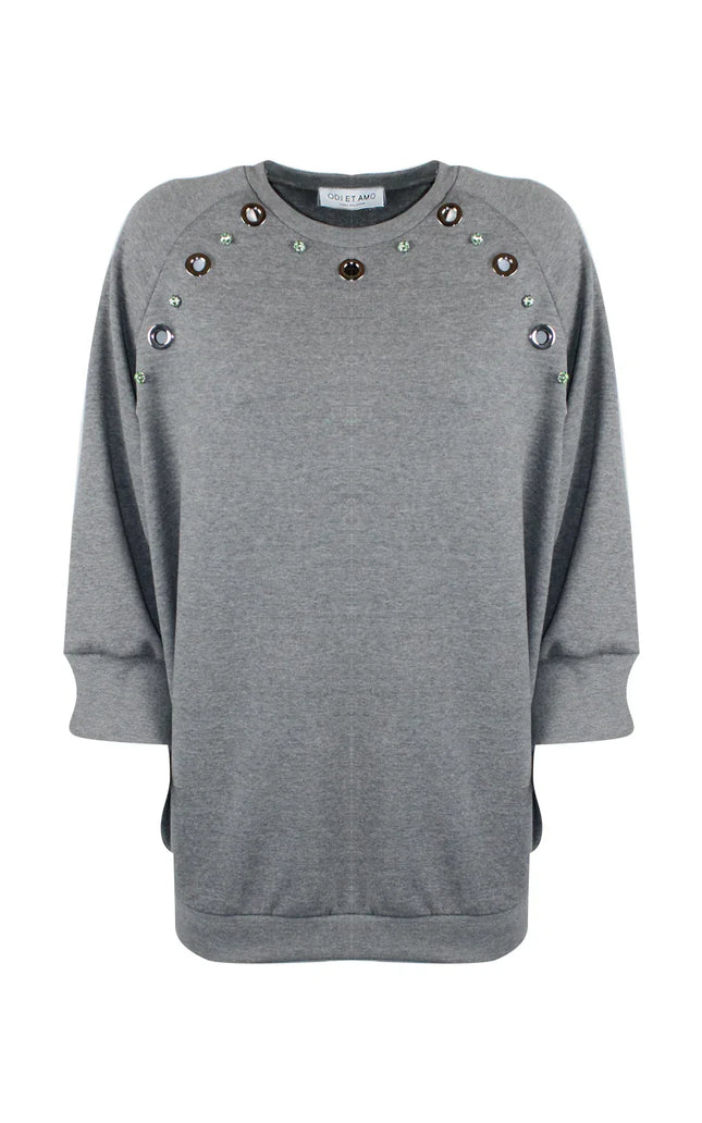 Grey women's sweatshirt with jewel embellishments on shoulders, crew neck, 3/4 sleeves