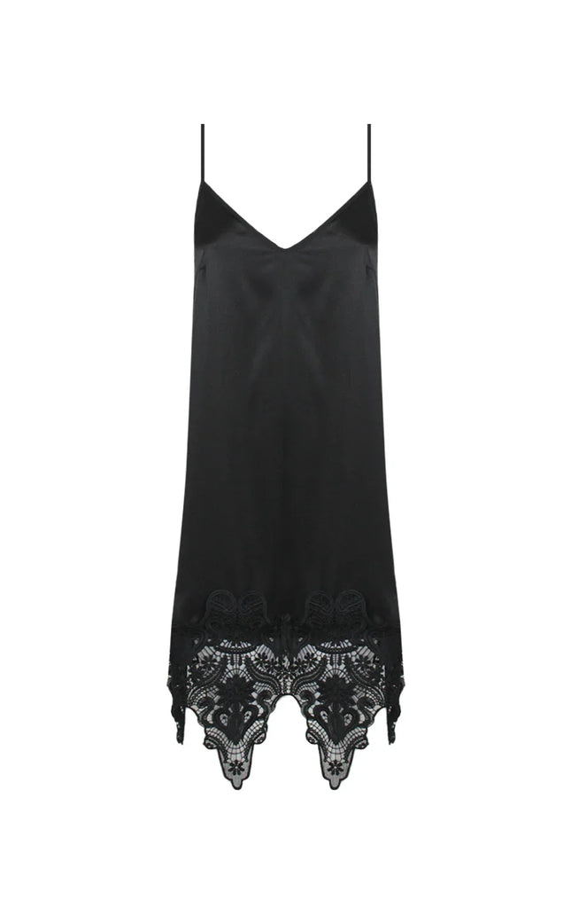 Black satin slip dress with lace hem and thin spaghetti straps, Italian fashion style