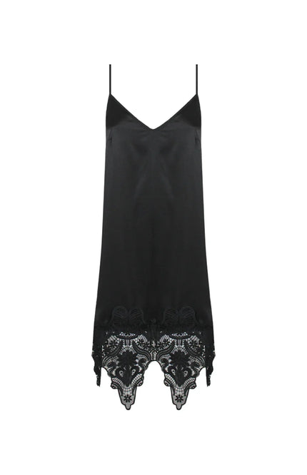 Black satin slip dress with lace hem and thin spaghetti straps, Italian fashion style