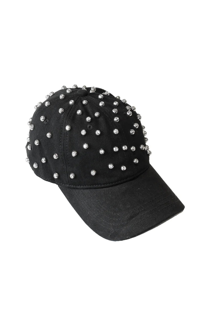 Black baseball cap with silver stud embellishments, trendy women's fashion accessory