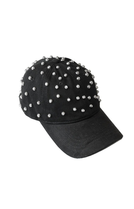 Black baseball cap with silver stud embellishments, trendy women's fashion accessory