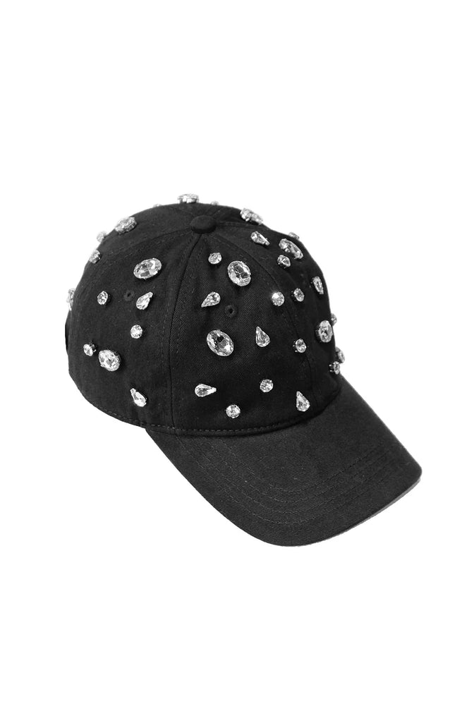 black baseball cap embellished with large and small rhinestones, fashion accessory
