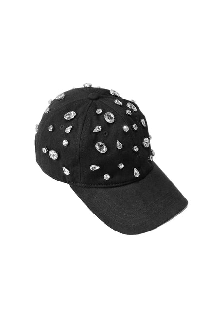 black baseball cap embellished with large and small rhinestones, fashion accessory