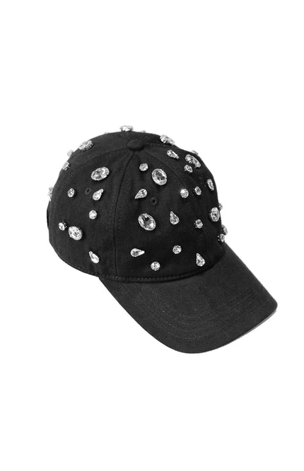 black baseball cap embellished with large and small rhinestones, fashion accessory