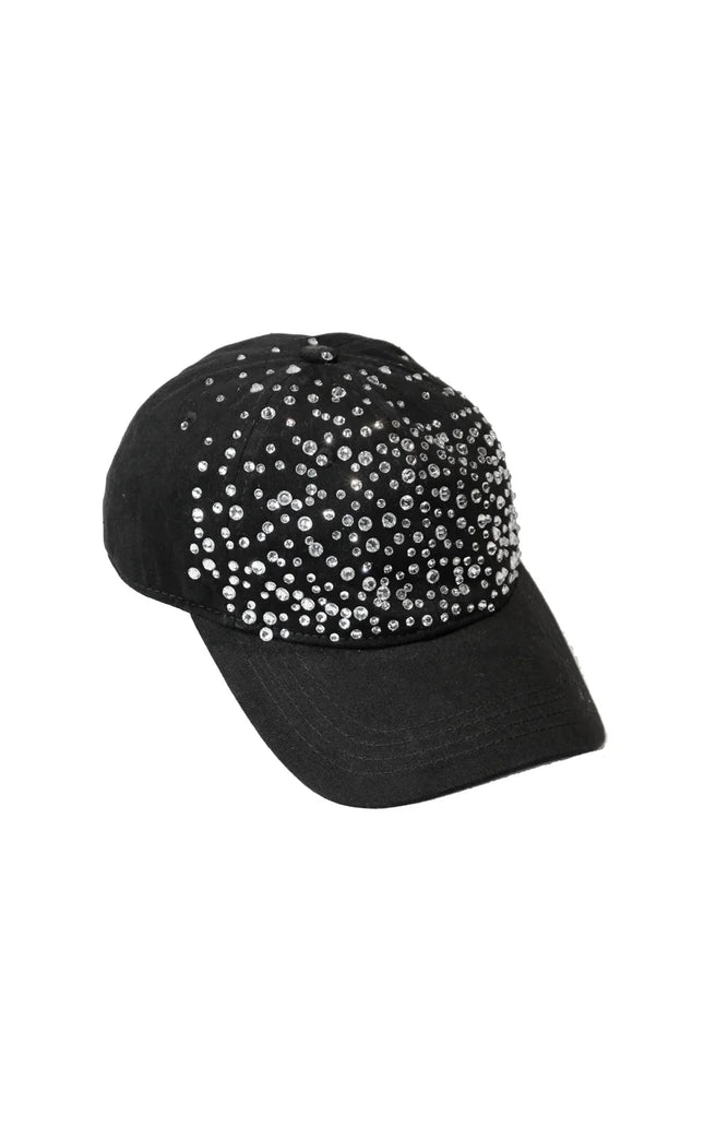 Black baseball cap with sparkling rhinestone embellishments, women's fashion accessory