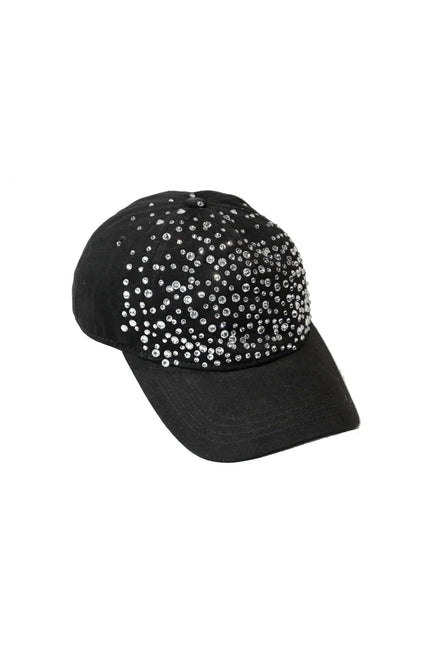 Black baseball cap with sparkling rhinestone embellishments, women's fashion accessory