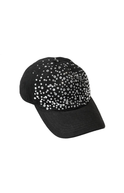 Black baseball cap with sparkling rhinestone embellishments, women's fashion accessory