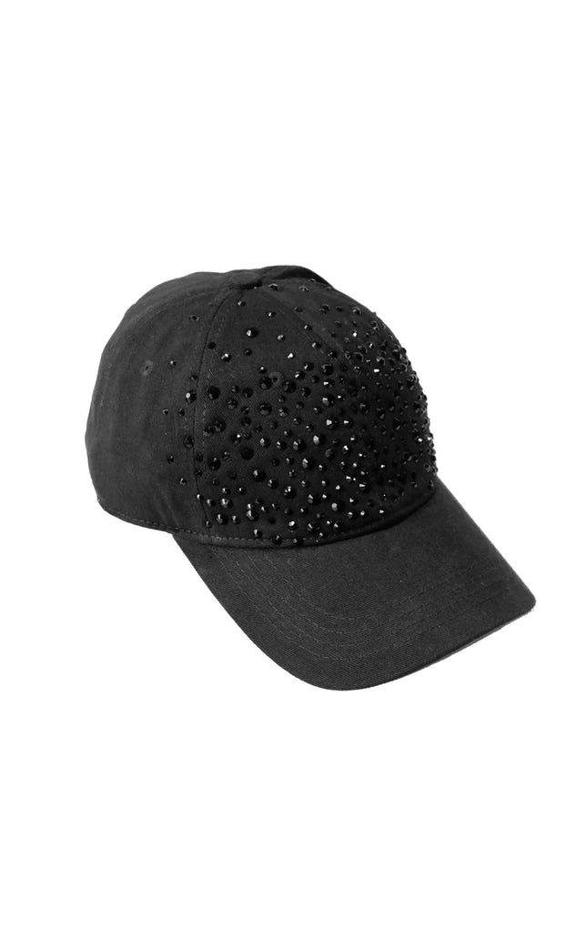 Black baseball cap with black stud embellishments, stylish women’s accessory