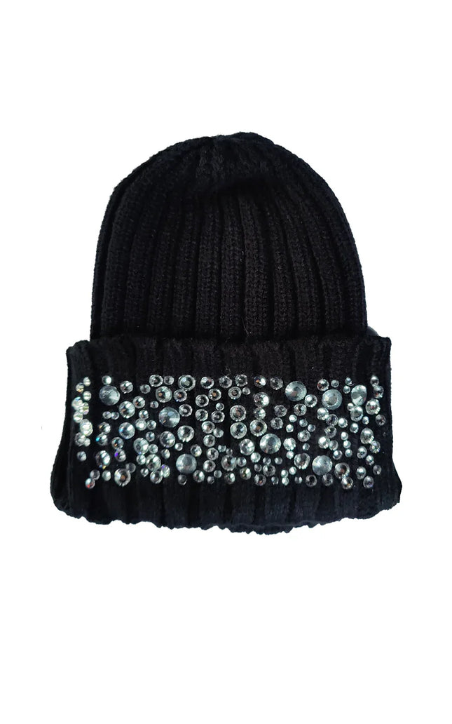 Black ribbed knit beanie with sparkling rhinestone embellishments on the cuff
