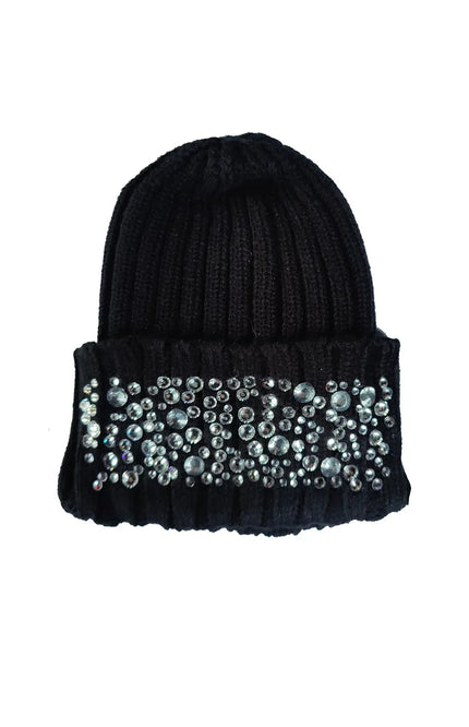 Black ribbed knit beanie with sparkling rhinestone embellishments on the cuff