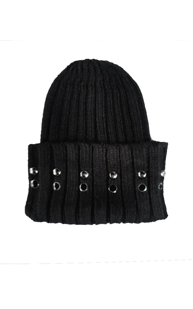 Black ribbed knit beanie with silver eyelet studs on the folded brim, women's fashion accessory