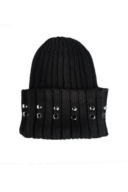 Black ribbed knit beanie with silver eyelet studs on the folded brim, women's fashion accessory