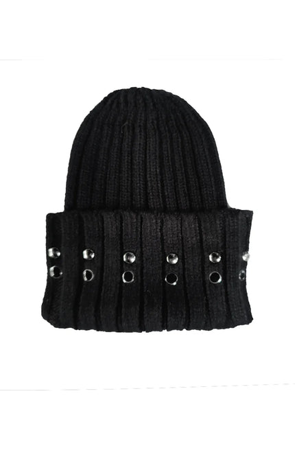 Black ribbed knit beanie with silver eyelet studs on the folded brim, women's fashion accessory