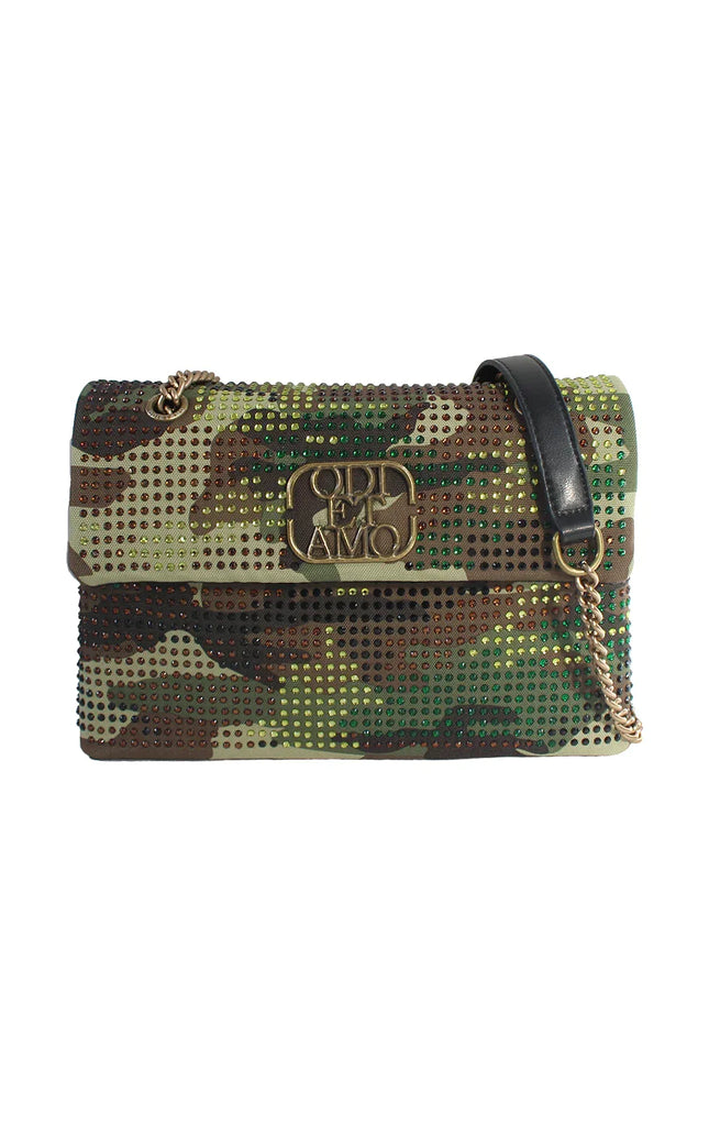 Camouflage studded shoulder bag with gold chain and bold logo clasp