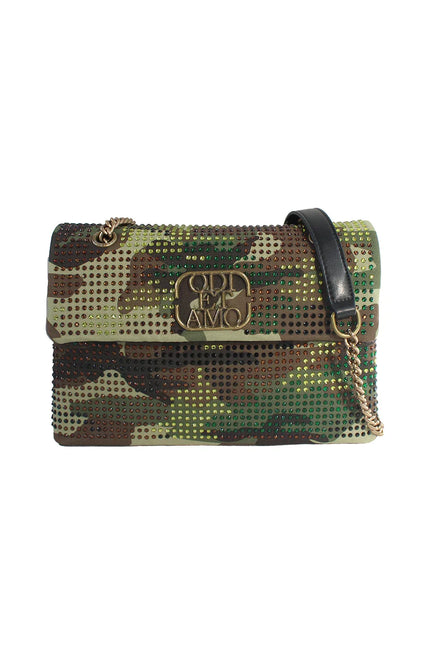 Camouflage studded shoulder bag with gold chain and bold logo clasp