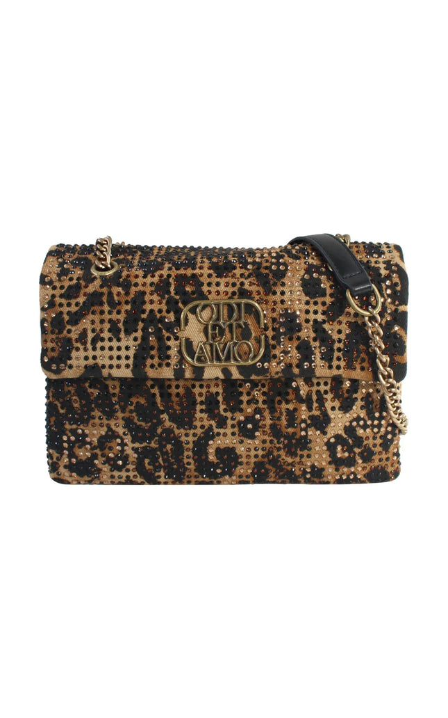Leopard print shoulder bag with gold chain strap and rhinestone embellishments