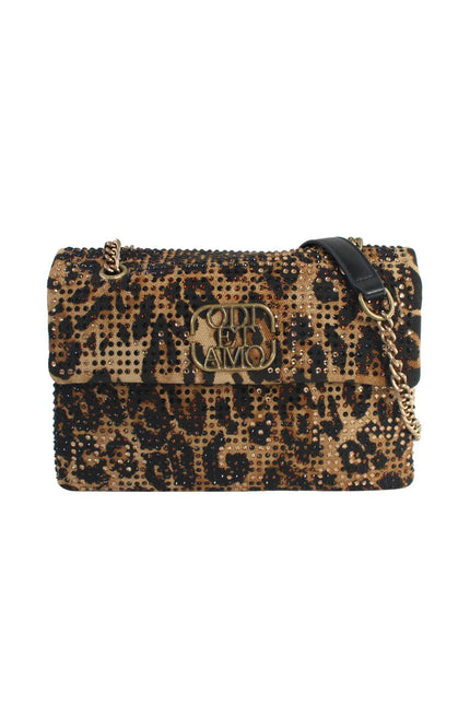 Leopard print shoulder bag with gold chain strap and rhinestone embellishments