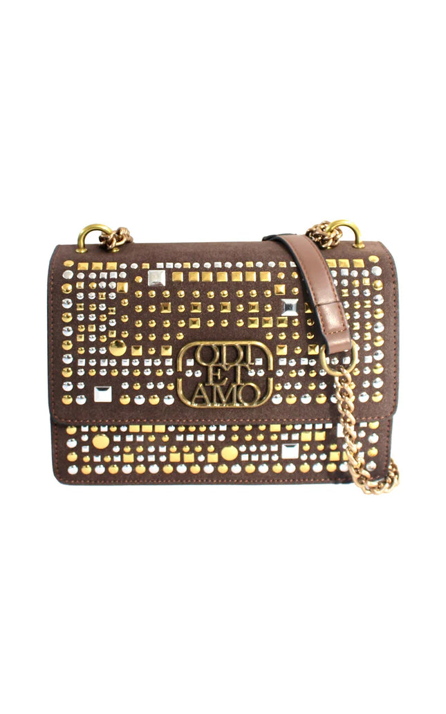 Brown shoulder bag with gold and silver studs, chain strap, and embossed front logo