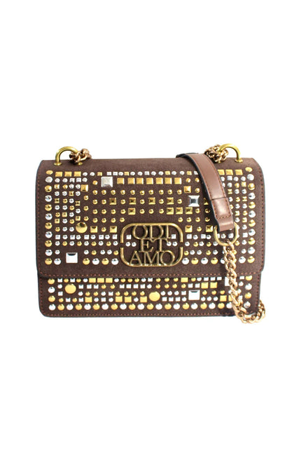 Brown shoulder bag with gold and silver studs, chain strap, and embossed front logo