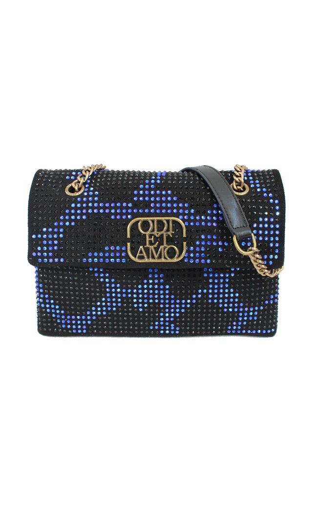 Black and blue rhinestone shoulder bag with gold chain and metallic Odi et Amo logo
