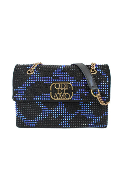 Black and blue rhinestone shoulder bag with gold chain and metallic Odi et Amo logo