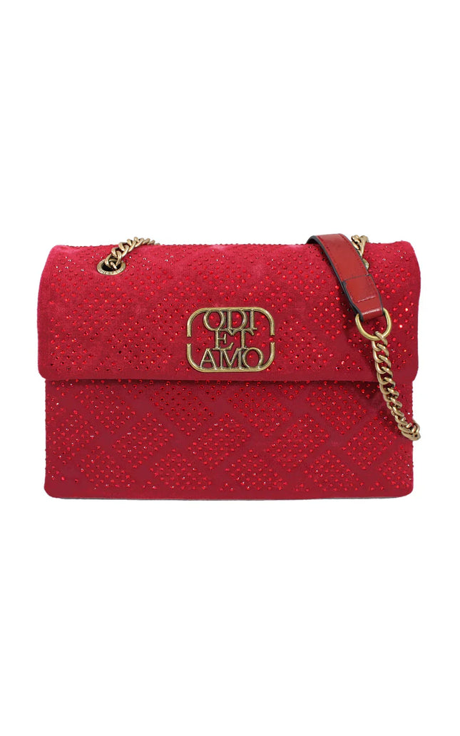 Red embellished handbag with gold chain strap and Odi et Amo logo clasp