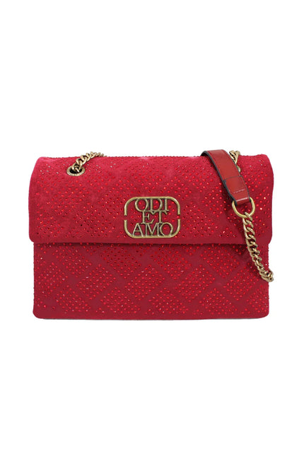 Red embellished handbag with gold chain strap and Odi et Amo logo clasp