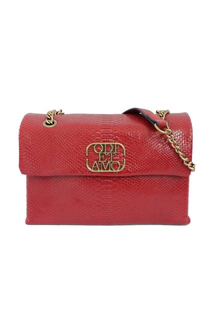 Red textured leather shoulder bag with gold chain strap and metal logo detail