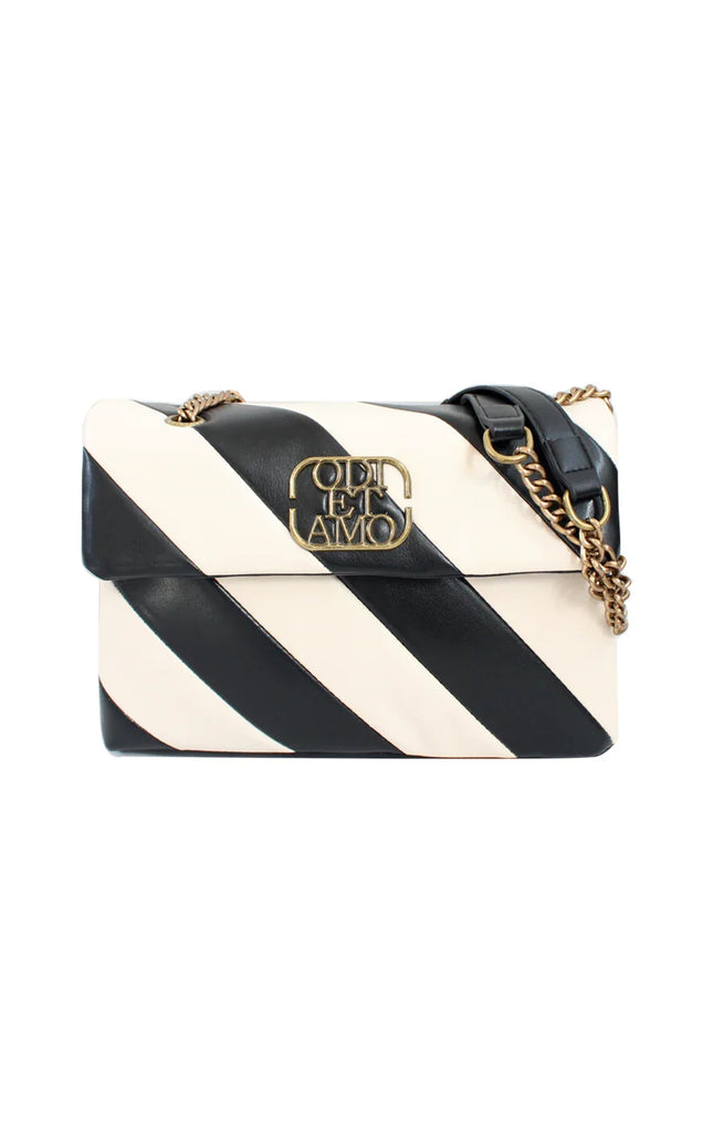 Striped black and white leather shoulder bag with gold chain strap and logo detail