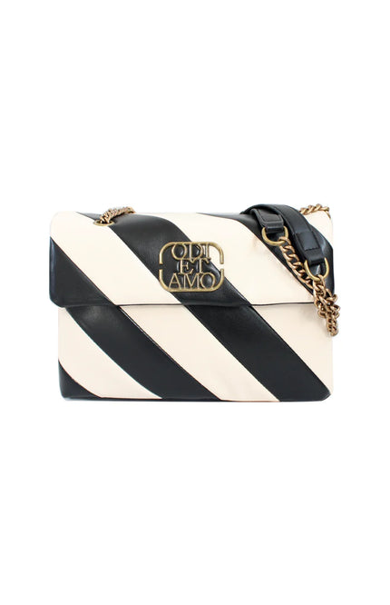 Striped black and white leather shoulder bag with gold chain strap and logo detail