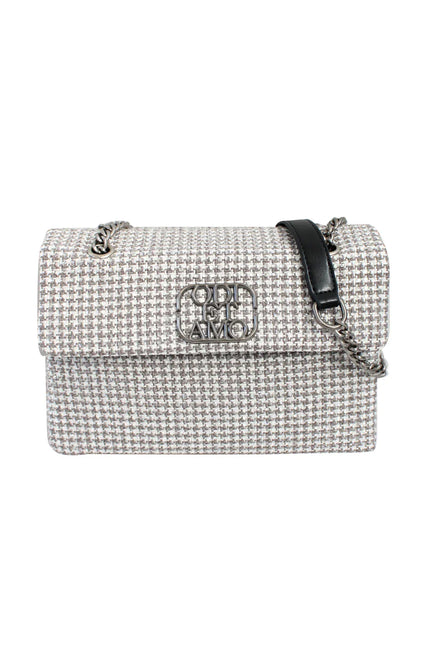 Women's houndstooth shoulder bag with silver logo, chain and leather strap
