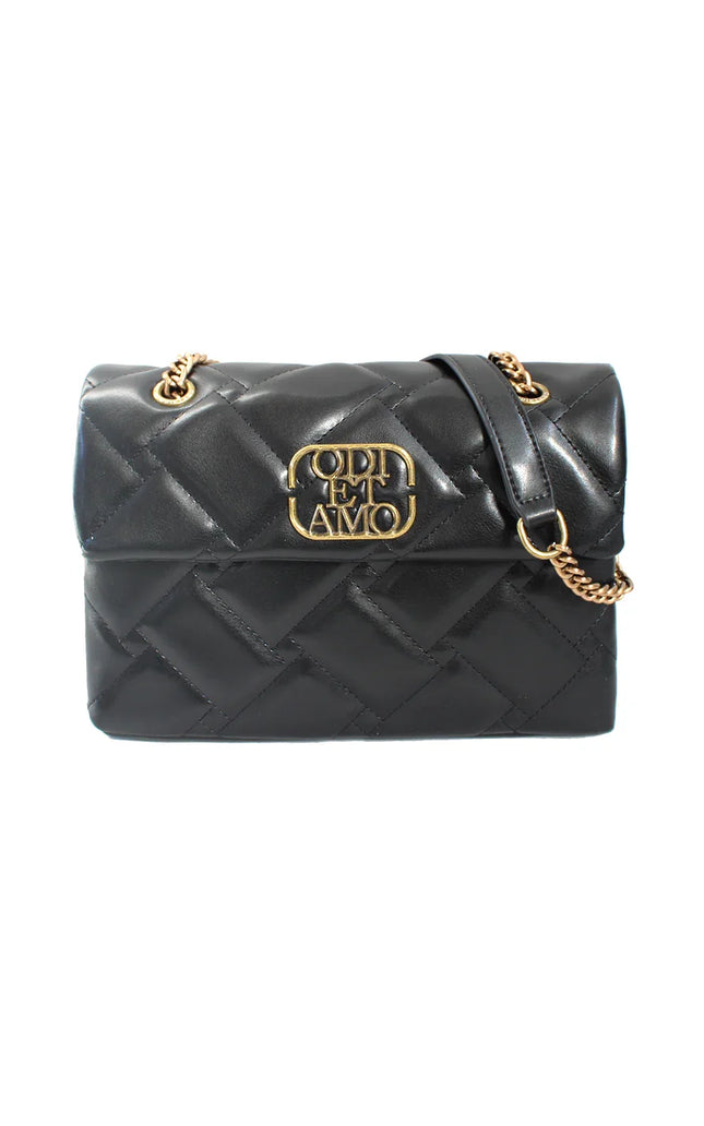 Quilted black leather shoulder bag with gold chain strap and decorative gold logo detail