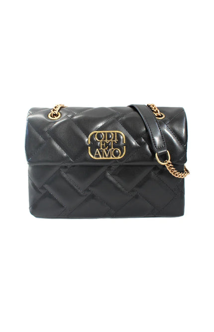 Quilted black leather shoulder bag with gold chain strap and decorative gold logo detail