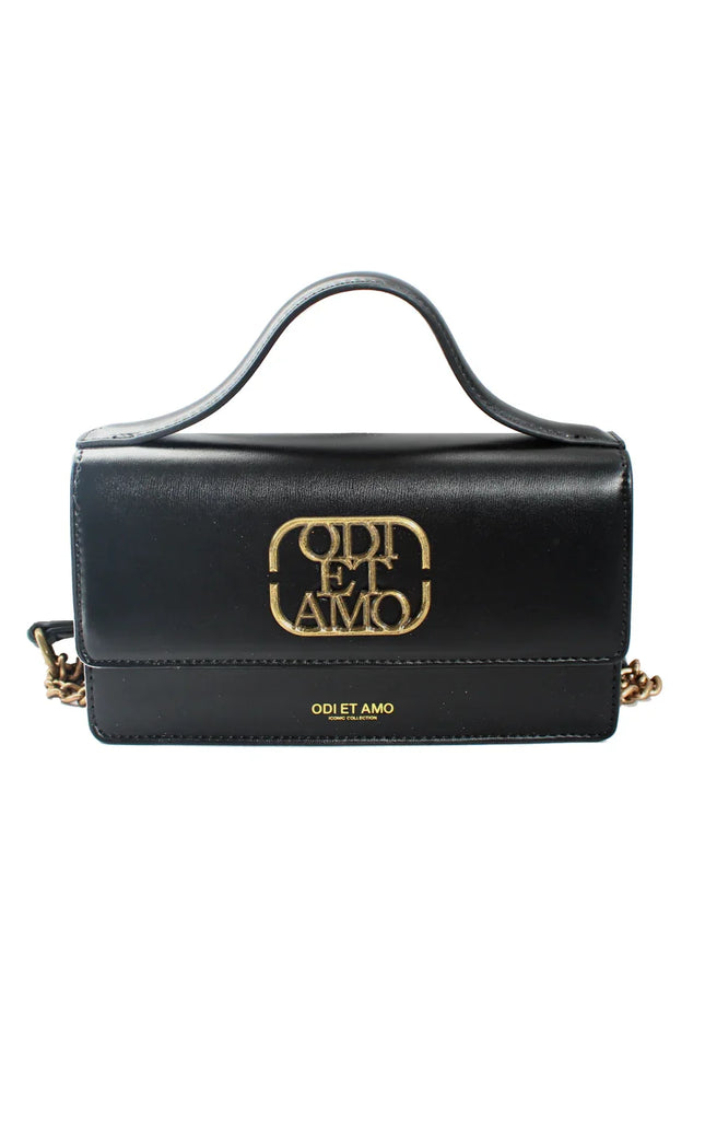 Black leather handbag with gold logo and top handle, chain strap, Odi et Amo collection