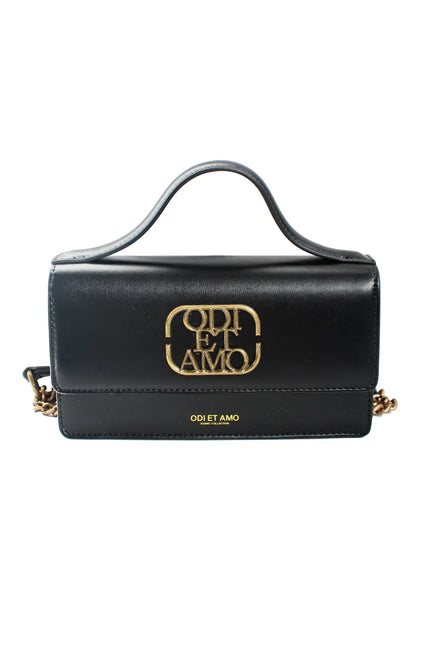 Black leather handbag with gold logo and top handle, chain strap, Odi et Amo collection