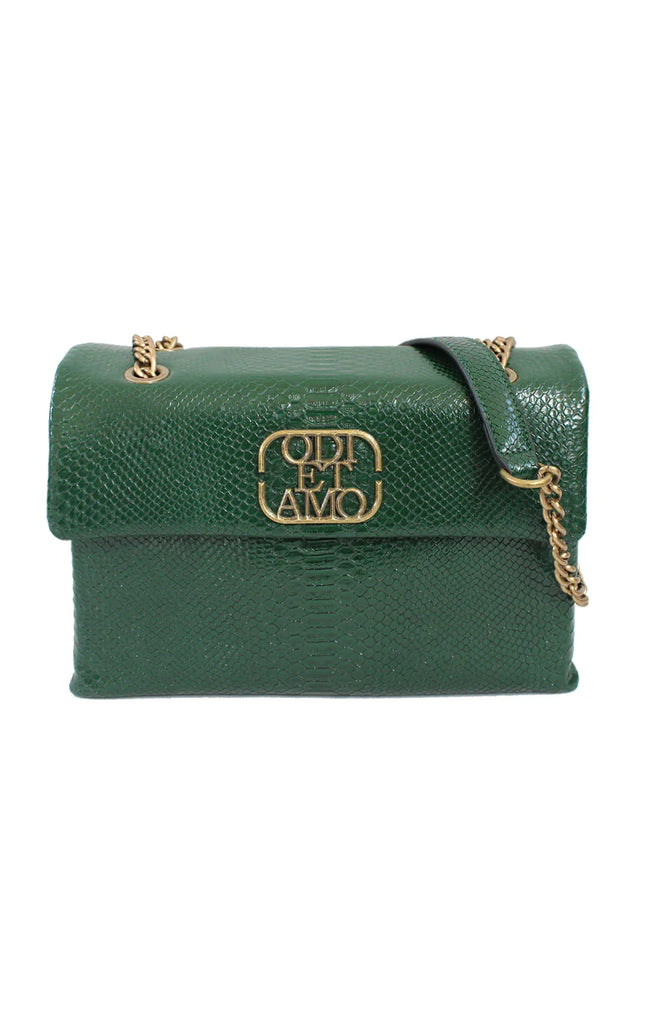 Green textured shoulder bag with gold chain strap and gold accent detail