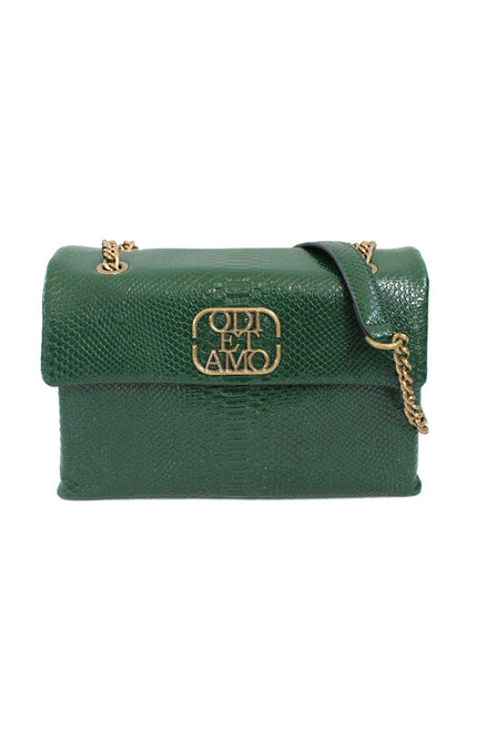 Green textured shoulder bag with gold chain strap and gold accent detail