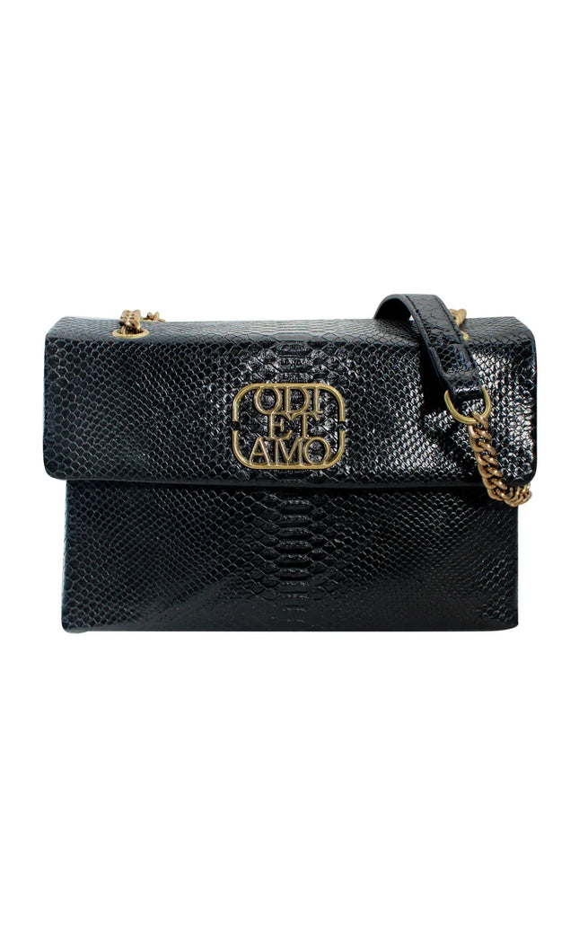 Black textured shoulder bag with gold logo detail and chain strap, women's fashion accessory