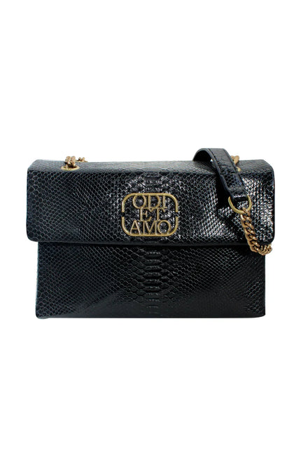 Black textured shoulder bag with gold logo detail and chain strap, women's fashion accessory