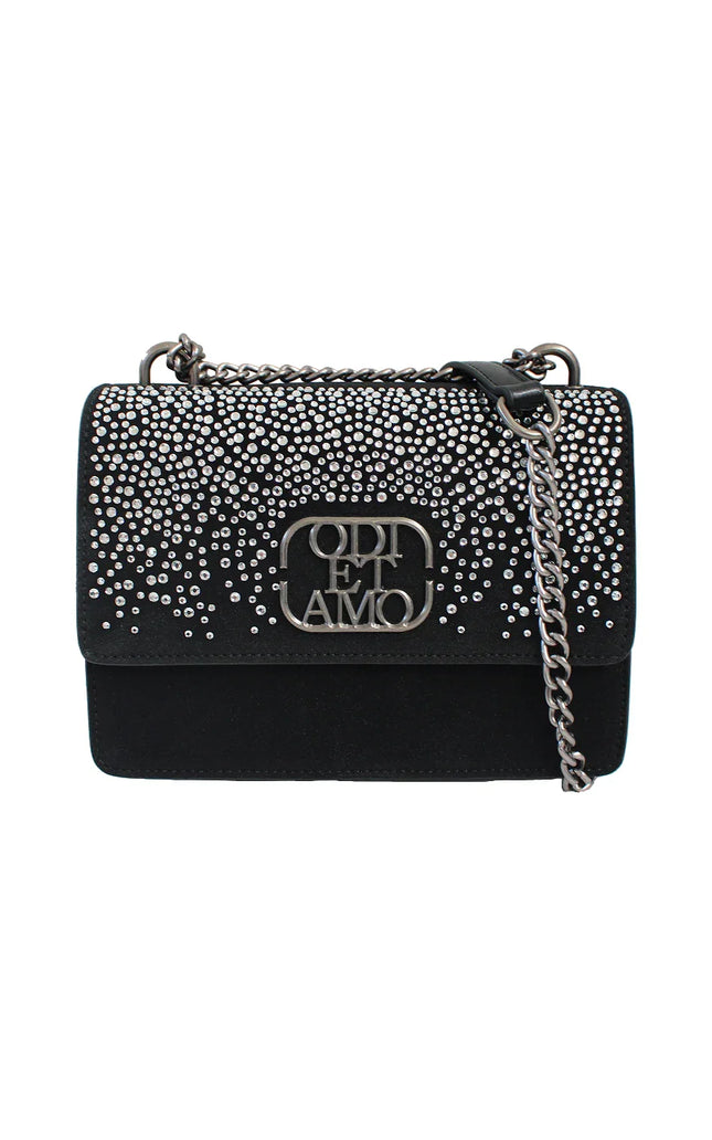 Black shoulder bag with silver studs and chain strap, elegant evening accessory